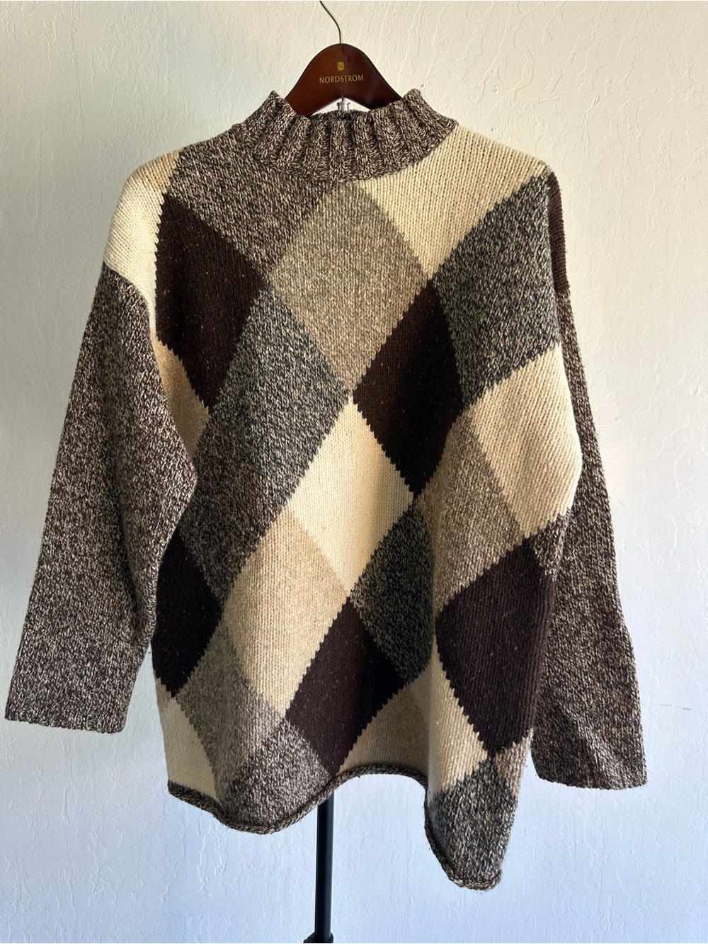 Ann Taylor Argyle Mock Neck Sweater in Cream, Brown, Gray